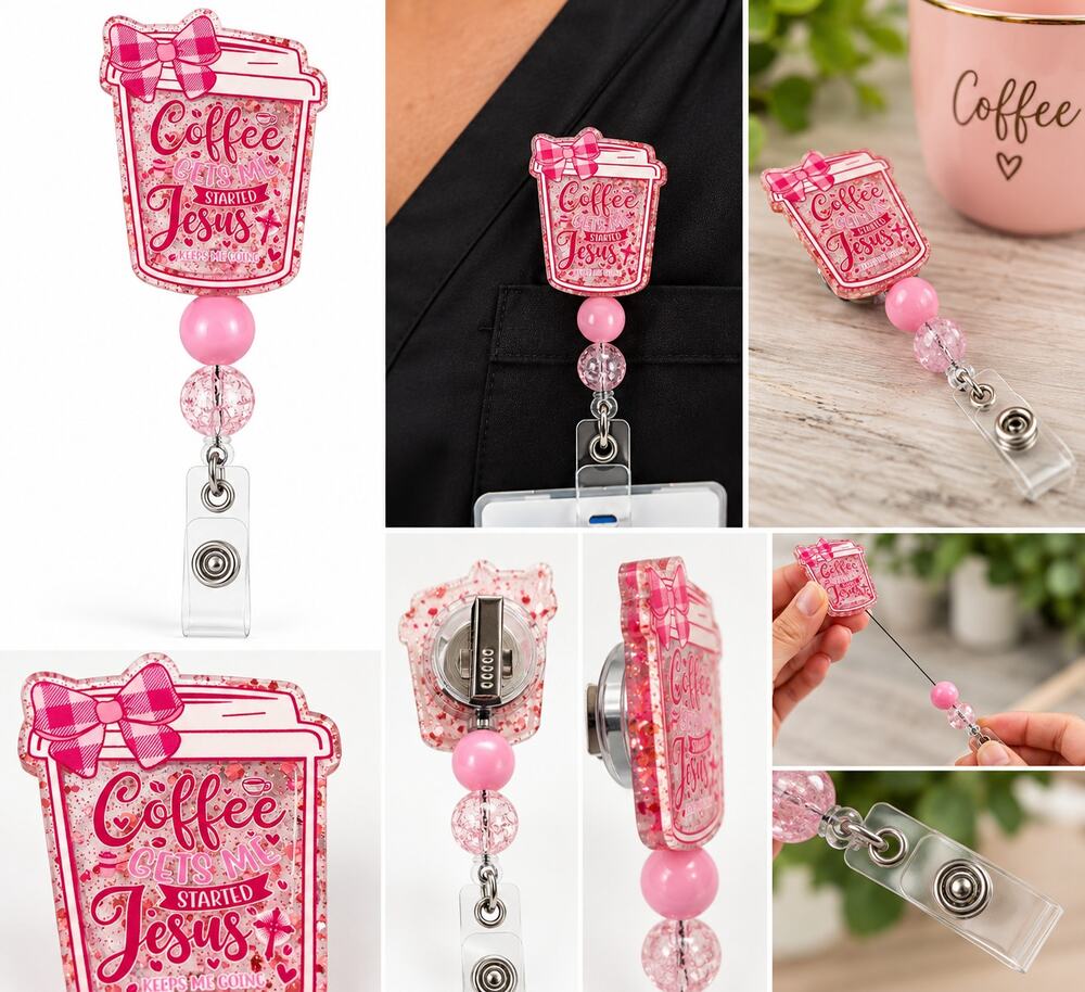 Coffee & Jesus Pink Glitter Retractable Badge Reel – Beaded ID Holder